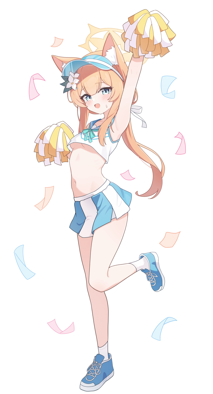 1girl absurdres animal_ear_fluff animal_ears arm_up blue_archive blue_eyes blue_footwear blush breasts cat_ears cheering cheerleader flower full_body hair_flower hair_ornament halo highres holding holding_pom_poms long_hair looking_at_viewer mari_(blue_archive) navel nonddu open_mouth orange_hair pom_pom_(cheerleading) shoes simple_background small_breasts smile socks solo underboob white_background white_flower white_socks yellow_halo