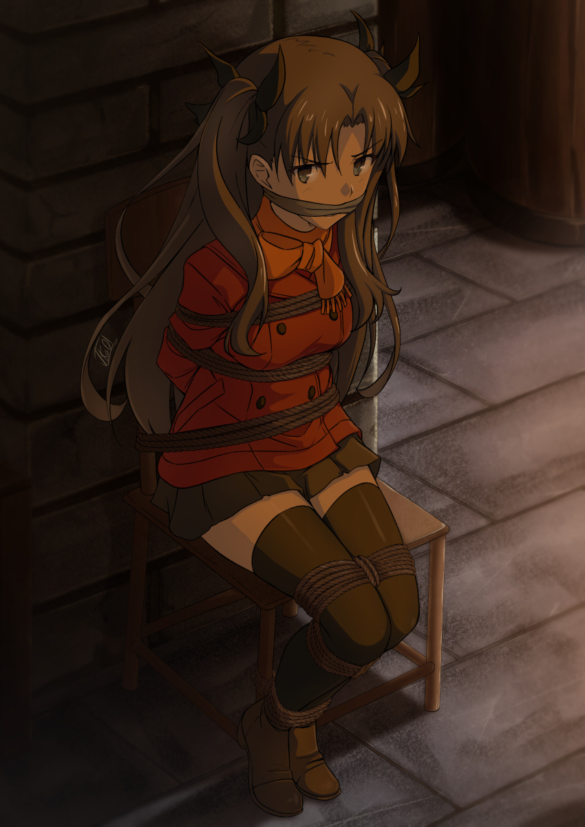1girl absurdres ankle_boots bdsm black_hair black_thighhighs blue_eyes bondage boots bound brown_footwear chair commission fate/stay_night fate_(series) gag gagged hair_ribbon highres improvised_gag jacket long_hair long_legs looking_at_viewer miniskirt on_chair orange_scarf pixiv_commission red_jacket restrained ribbon rope scarf sitting skirt solo thighhighs tied_to_chair tohsaka_rin two_side_up vakaosciosa variant_set zettai_ryouiki