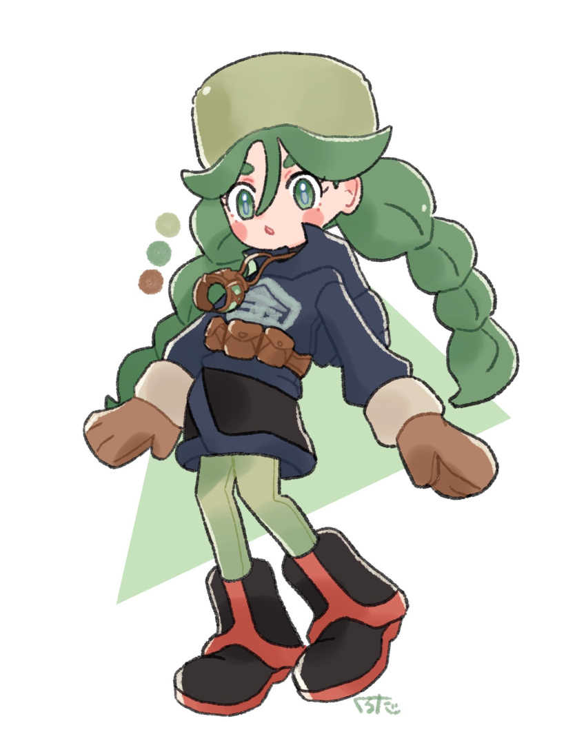 1girl belt_pouch black_footwear blue_jacket boots braid brown_mittens full_body green_eyes green_hair green_pantyhose hair_between_eyes hat highres jacket kuroda_(krd_pkmn) long_hair long_sleeves looking_at_viewer mittens pantyhose pokemon pokemon_legends:_arceus pouch sabi_(pokemon) skirt solo twin_braids white_background