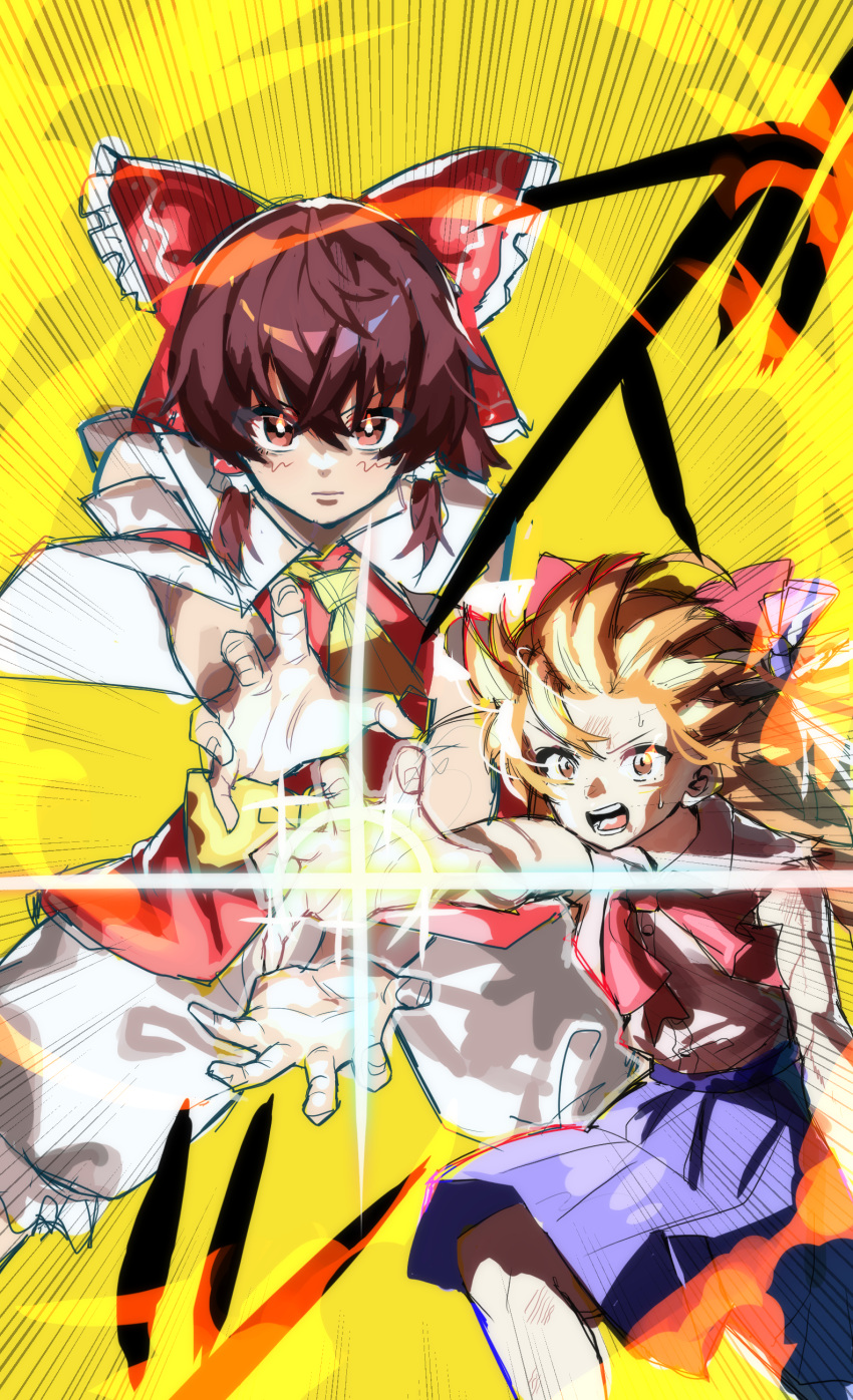 2girls absurdres ascot bangs_blown_up blush bow brown_eyes brown_hair brown_horns closed_mouth cookie_(touhou) dragon_ball dragon_ball_z father-son_kamehameha feet_out_of_frame frilled_bow frilled_hair_tubes frills hair_between_eyes hair_bow hair_tubes hakurei_reimu highres horns ibuki_suika japanese_clothes kamehameha_(dragon_ball) kanna_(cookie) long_bangs looking_at_viewer medium_hair miko multiple_girls oni open_mouth orange_hair red_bow red_shirt scene_reference shirt short_hair shorts simple_background smoke sound_effects sparkle speed_lines spiked_hair tirano_tenchou touhou v-shaped_eyebrows white_shorts yamin_(cookie) yellow_ascot yellow_background