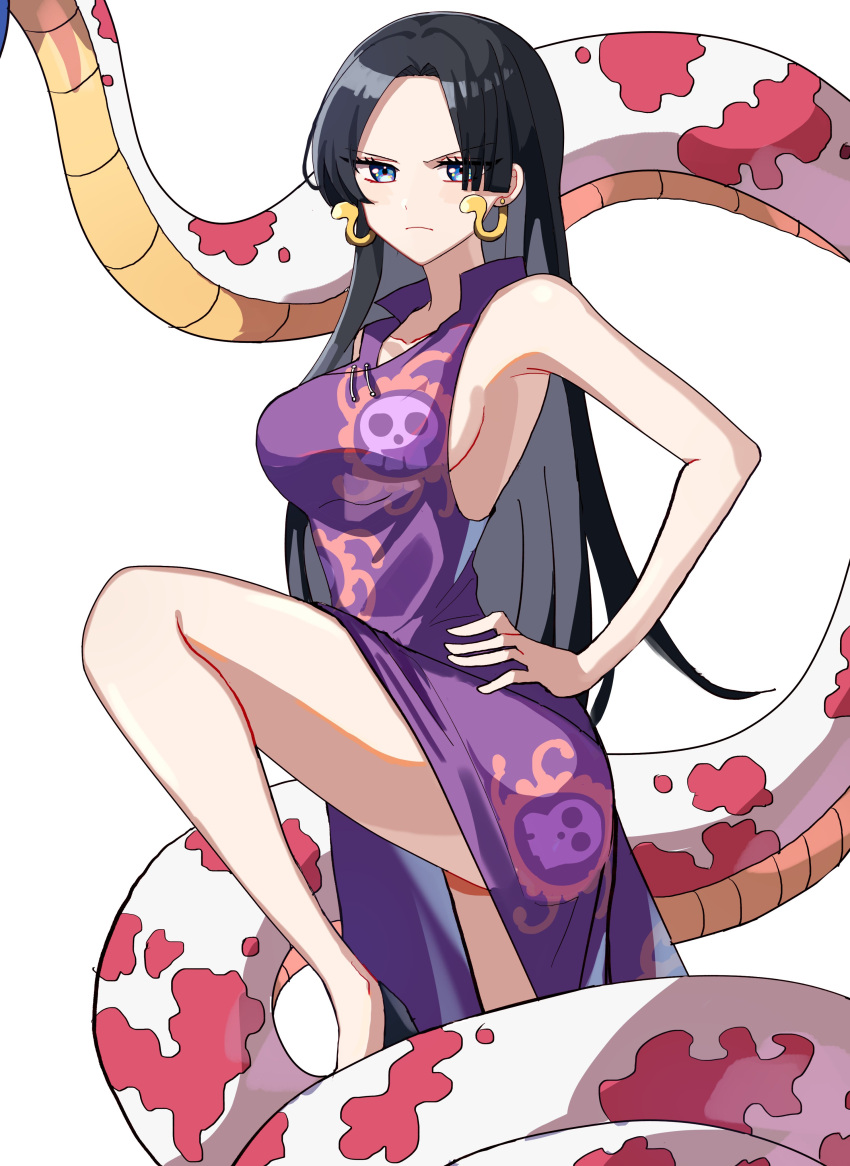 1girl absurdres animal black_hair blue_eyes boa_hancock breasts closed_mouth commentary_request dress earrings hand_on_own_hip highres hime_cut jewelry kasuga_kaya korean_commentary leg_up long_dress long_hair one_piece purple_dress salome_(one_piece) sideboob simple_background sleeveless sleeveless_dress snake snake_earrings sori_6403 white_background