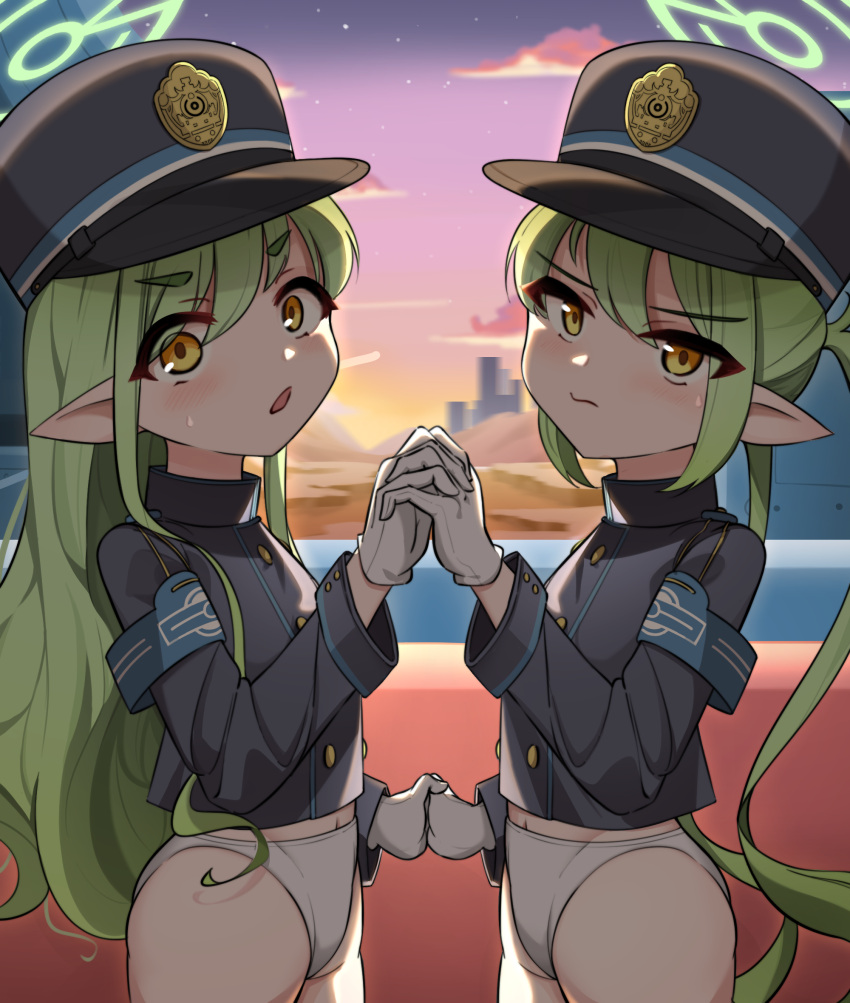 2girls blue_archive blue_jacket buttons cowboy_shot curly_hair dancing double-breasted embarrassed from_side gloves green_hair green_halo hair_between_eyes half-closed_eyes halo hand_up hat highres hikari_(blue_archive) holding_hands jacket light_frown long_hair looking_at_viewer looking_back multiple_girls navel nervous nezumin no_pants no_tail nozomi_(blue_archive) outdoors panties siblings sisters sky star_(sky) starry_sky sunset twins twintails underwear very_long_hair wavy_mouth white_gloves white_panties wide-eyed yellow_eyes