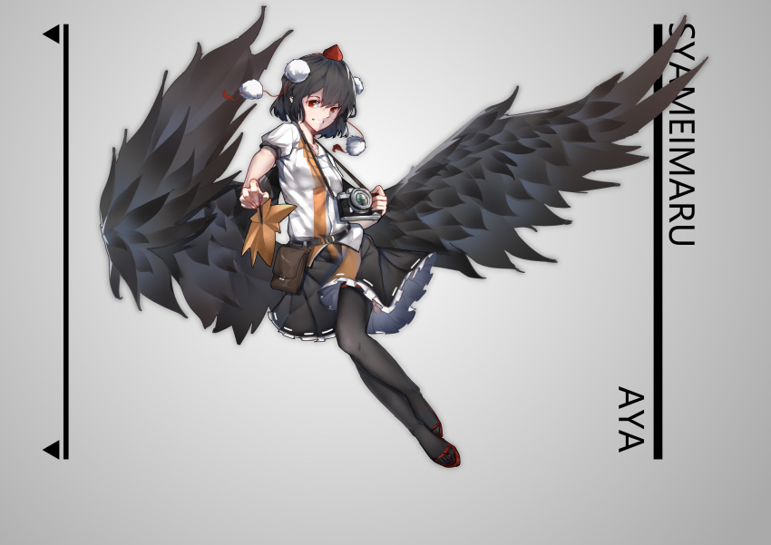 1girl absurdres belt bird_wings black_belt black_hair black_pantyhose black_skirt black_wings camera character_name feathered_wings flip-flops frilled_skirt frills full_body hat hauchiwa highres holding holding_camera leaf_print pantyhose peng7728084 pom_pom_(clothes) pouch puffy_short_sleeves puffy_sleeves red_eyes red_footwear red_hat sandals shameimaru_aya shirt short_hair short_sleeves skirt solo tokin_hat touhou white_shirt wings