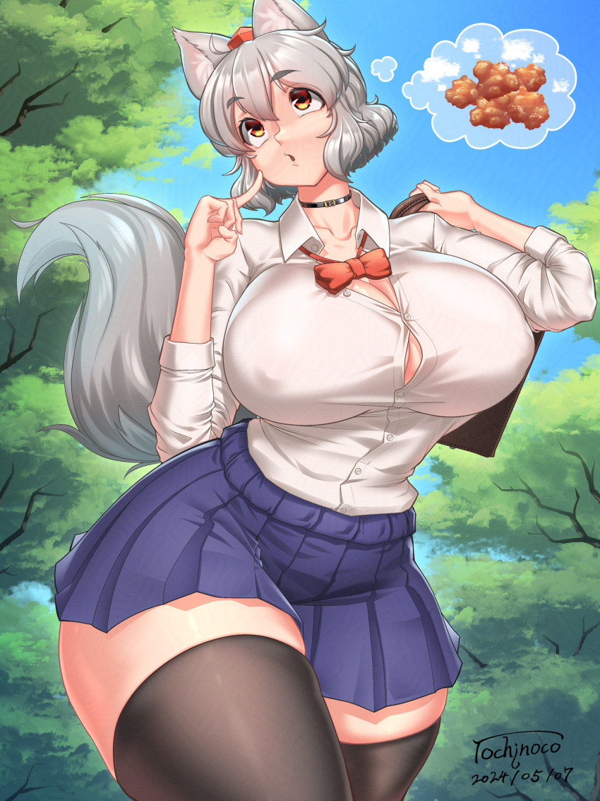 1girl absurdres ahoge alternate_costume animal_ear_fluff animal_ears bag black_choker black_thighhighs blue_skirt bow bowtie breasts brown_background brown_eyes button_gap buttons choker commentary_request covered_nipples cowboy_shot dated day fried_chicken grey_hair hat highres huge_breasts inubashiri_momiji looking_afar medium_bangs miniskirt open_mouth outdoors pleated_skirt red_bow red_bowtie red_hat school_bag school_uniform short_hair signature skirt solo tail thick_thighs thighhighs thighs thinking tochinoko tokin_hat touhou tree walking wolf_ears wolf_girl wolf_tail zettai_ryouiki