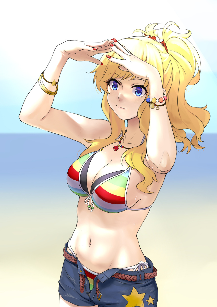 1girl absurdres arms_up bikini bikini_under_shorts blonde_hair blue_eyes blurry blurry_background blush bracelet breasts cleavage collarbone denim denim_shorts fingernails front-tie_bikini_top front-tie_top groin highres idolmaster idolmaster_cinderella_girls jewelry large_breasts light_smile long_hair looking_ahead mizuki_(mizuki_ame) multicolored_bikini multicolored_clothes nail_polish navel official_alternate_costume ohtsuki_yui open_clothes open_shorts outdoors ponytail shading_eyes shorts side-tie_bikini_bottom sidelocks solo stomach striped_bikini striped_clothes swimsuit