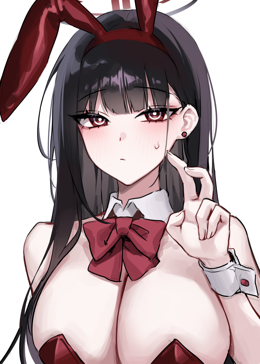 1girl absurdres animal_ears black_hair blue_archive blush bow bowtie breasts bright_pupils cleavage closed_mouth detached_collar fake_animal_ears halo highres large_breasts leotard long_hair looking_at_viewer rabbit_ears raki_kr red_bow red_bowtie red_eyes red_leotard rio_(blue_archive) simple_background solo strapless strapless_leotard upper_body white_background white_pupils wrist_cuffs