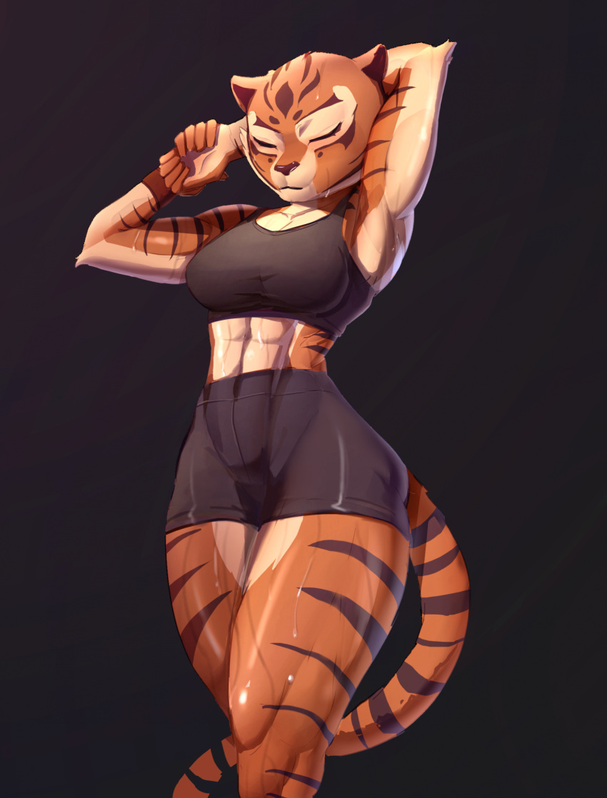 2024 anthro athletic athletic_anthro athletic_female athletic_wear biped black_markings black_stripes bodily_fluids cheek_tuft clothed clothing countershade_fur countershade_torso countershading digital_media_(artwork) dreamworks eyelashes eyes_closed facial_tuft felid female fur hi_res kbart kung_fu_panda mammal markings master_tigress orange_body orange_fur pantherine shaded simple_background solo standing striped_body striped_fur striped_markings striped_tail stripes sweat sweaty_body sweaty_fur tail tail_markings tan_body tan_fur tiger tuft