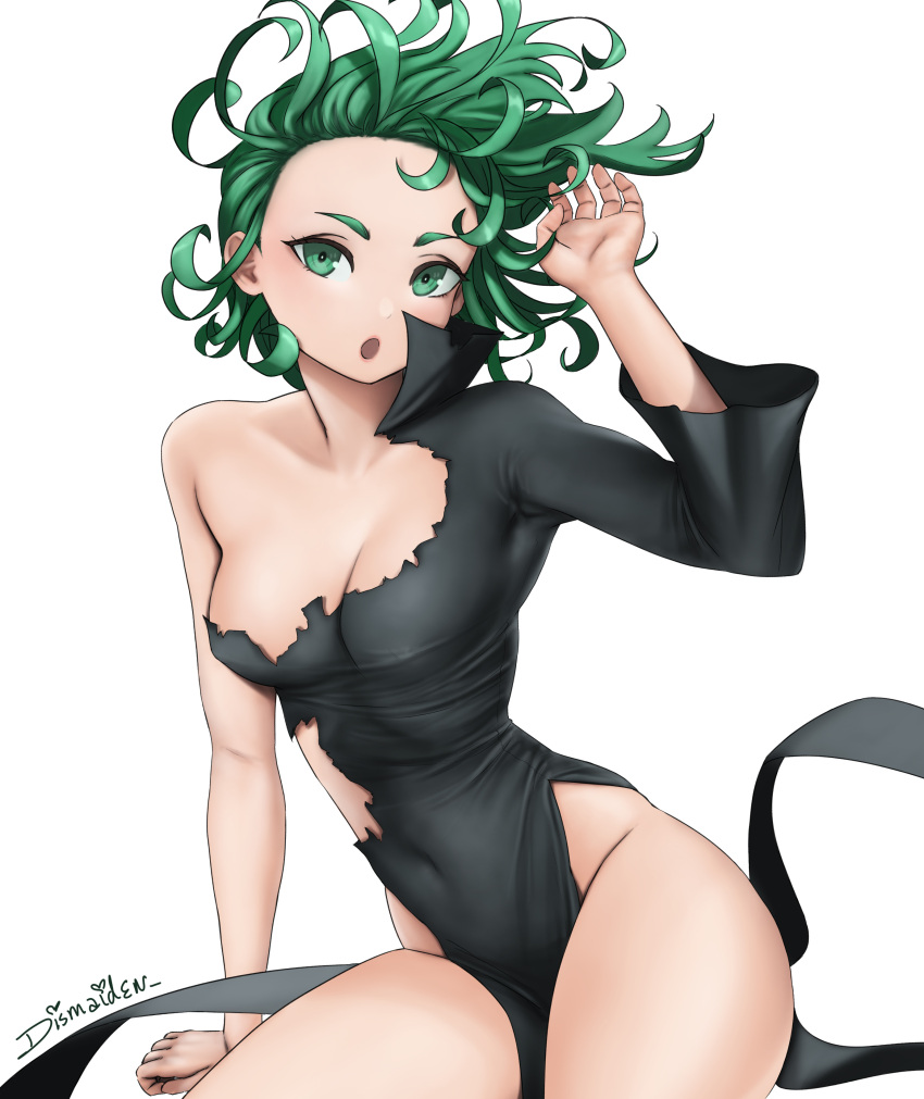 1girl :o absurdres black_dress breasts cleavage covered_navel curly_hair dismaiden dress green_eyes green_hair hand_up highres looking_at_viewer one-punch_man open_mouth side_slit simple_background small_breasts solo tatsumaki torn_clothes torn_dress white_background