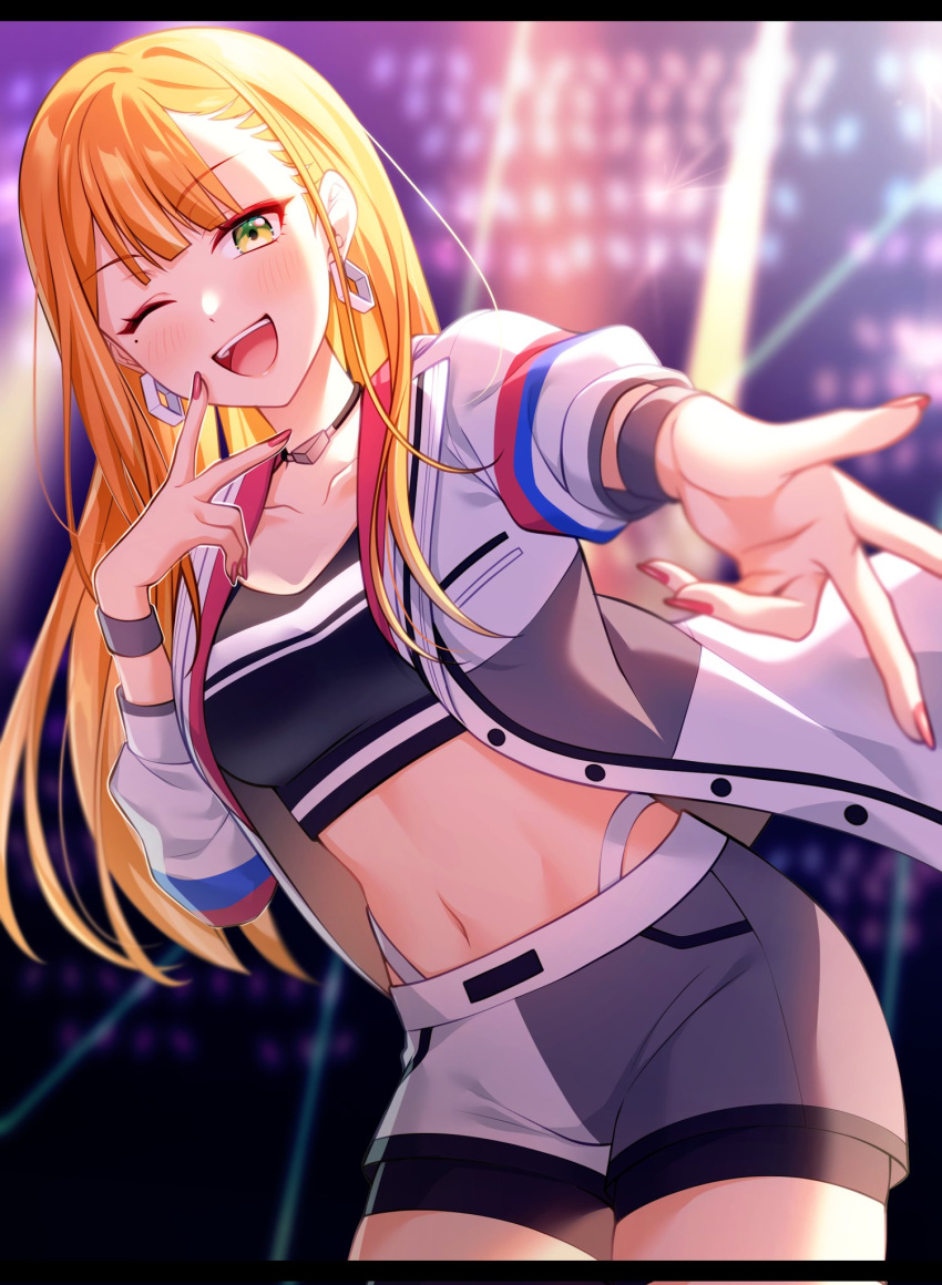 1girl black_shirt blonde_hair breasts crop_top gakuen_idolmaster green_eyes grey_shorts hair_between_eyes highres idolmaster jacket long_hair medium_breasts midriff navel one_eye_closed open_mouth pochimaru_(marumaru_wanwan) shirt shiun_sumika shorts stomach white_jacket white_shorts