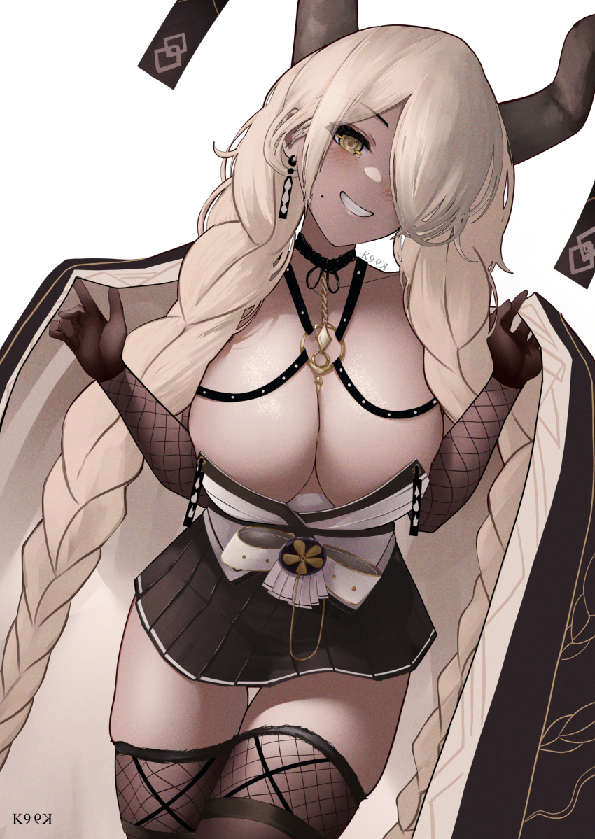 1girl artist_name azur_lane blonde_hair braid breasts brown_coat brown_gloves brown_horns brown_skirt brown_thighhighs cleavage coat dark-skinned_female dark_skin earrings fishnet_gloves fishnet_thighhighs fishnets gloves grin hair_over_one_eye half_gloves highres horn_ornament horns jewelry kainines long_hair miniskirt mole mole_under_mouth open_clothes open_coat owari_(azur_lane) pleated_skirt sakuramon simple_background skirt smile solo thigh_gap thighhighs twin_braids very_long_hair white_background yellow_eyes zettai_ryouiki