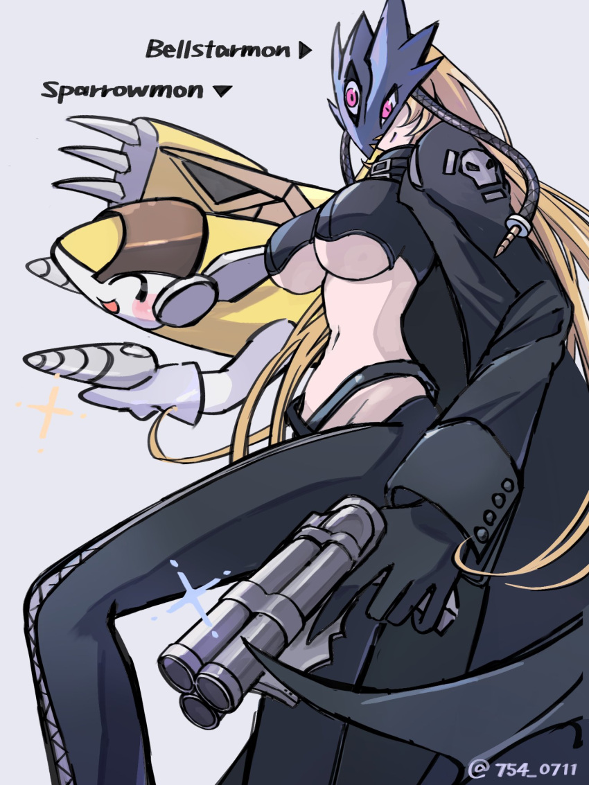 1girl beelstarmon black_coat black_pants blonde_hair breasts character_name closed_eyes coat crop_top digimon digimon_(creature) dual_wielding eye_mask glint gun highres holding holding_gun holding_weapon large_breasts long_hair looking_at_viewer multiple_barrel_gun nagoshi navel non-humanoid_robot pants purple_eyes robot robot_animal simple_background slit_pupils smile sparrowmon third_eye twitter_username underboob weapon white_background