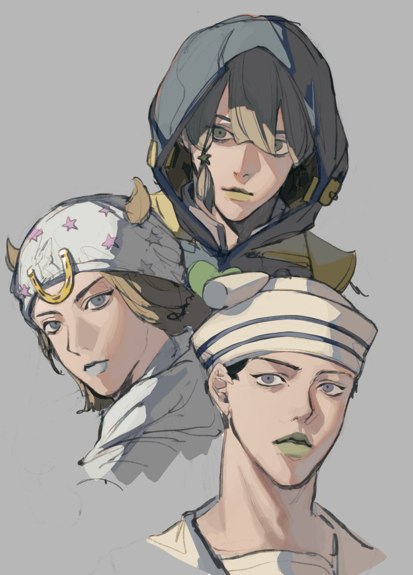 3boys beanie black_hair blonde_hair blue_eyes blue_lips dixie_cup_hat family green_eyes green_lips grey_background hair_ornament hat higashikata_josuke_(jojolion) highres hood horseshoe_ornament inanashil jodio_joestar johnny_joestar jojo_no_kimyou_na_bouken jojolion male_focus military_hat multiple_boys single_sidelock star_(symbol) star_hair_ornament steel_ball_run the_jojolands