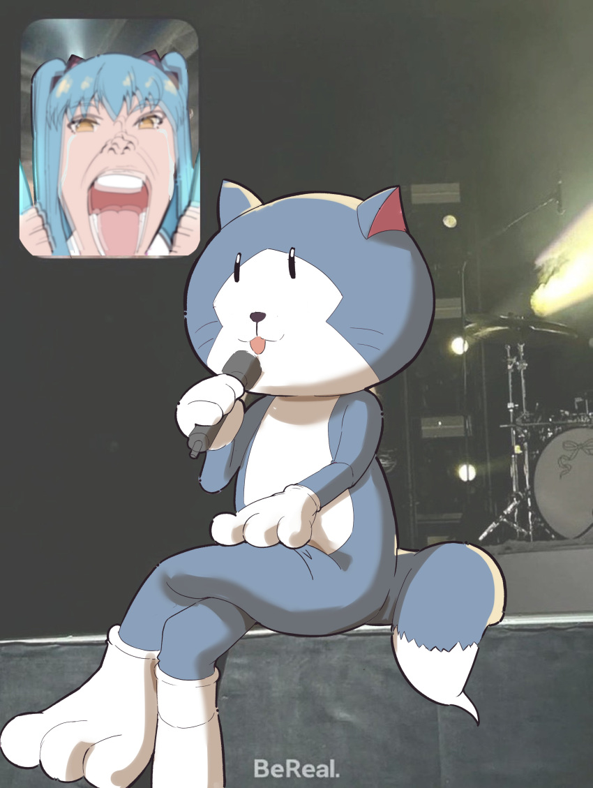 absurdres animal_ears blue_hair cat_ears cat_tail concert crossed_legs eiyuu_densetsu fan_screaming_at_madison_beer_(meme) highres mascot mascot_costume meme microphone mishy naisu_(nai_su01) open_mouth sitting tail tio_plato yellow_eyes