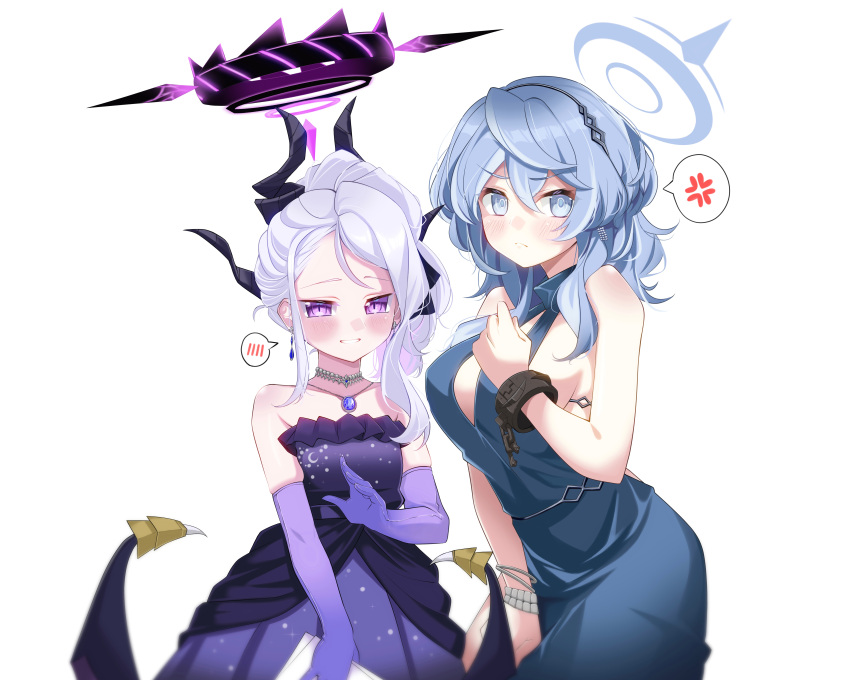 2girls absurdres ako_(blue_archive) ako_(dress)_(blue_archive) anger_vein bare_shoulders blue_archive blue_dress blue_eyes blue_hair bracelet collarbone commentary_request dangle_earrings demon_girl demon_horns demon_wings dress earrings elbow_gloves evening_gown gloves hair_between_eyes hair_ribbon hairband halo height_difference highres hina_(blue_archive) hina_(dress)_(blue_archive) horns jewelry long_hair looking_at_viewer multiple_girls necklace official_alternate_costume official_alternate_hairstyle parted_bangs parted_lips pearl_necklace pendant ponytail print_dress purple_dress purple_eyes purple_gloves ribbon side_slit sidelocks simple_background spoken_anger_vein spoken_blush strapless strapless_dress suzuran_kei wavy_hair white_background white_hair wings