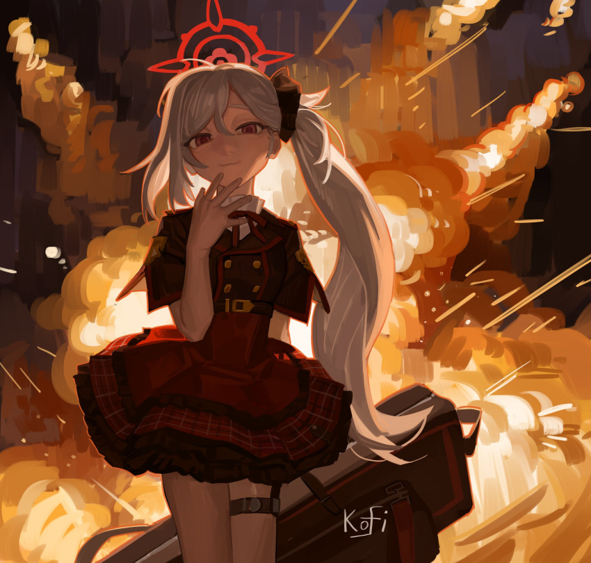 1girl black_shirt blue_archive explosion grey_hair halo high-waist_skirt highres kofi-mo long_hair looking_at_viewer mutsuki_(blue_archive) red_eyes red_skirt shirt side_ponytail skirt smile solo suitcase thigh_strap