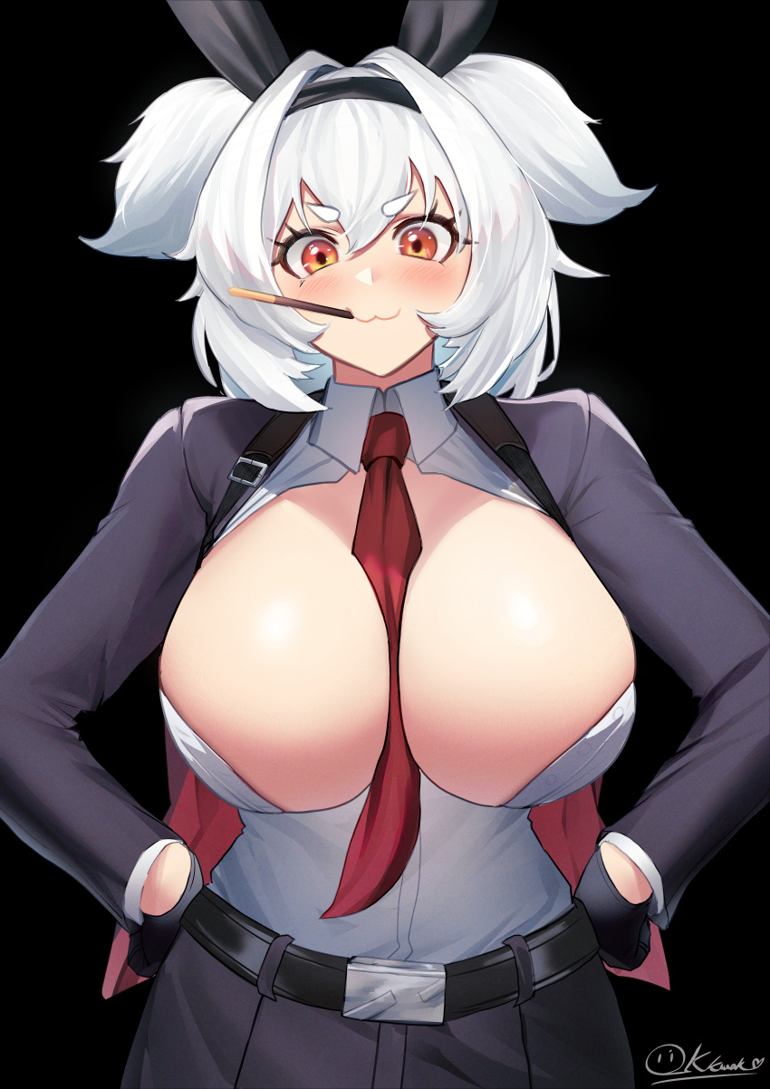 1girl :3 absurdres alvis_(last_origin) belt between_breasts black_background black_gloves blush breasts food food_in_mouth gloves hairband hands_on_own_hips highres jacket large_breasts last_origin necktie necktie_between_breasts official_alternate_costume oli_kkwak open_clothes open_jacket open_shirt orange_eyes pocky pocky_in_mouth red_necktie shirt short_eyebrows short_hair short_twintails signature simple_background solo suit thick_eyebrows twintails white_hair white_shirt