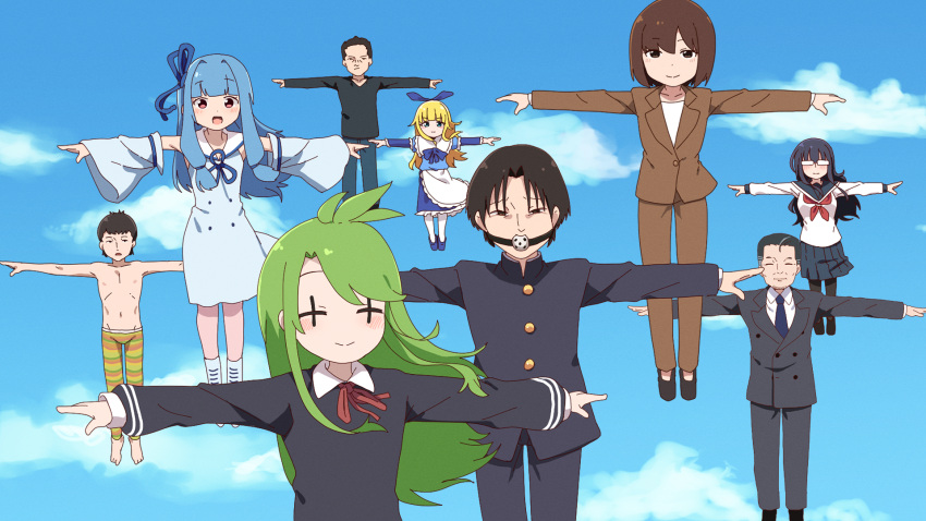 +_+ 4boys 5girls ai-generated_art_(topic) apron black_hair black_pantyhose black_shirt blonde_hair blue_bow blue_bowtie blue_hair blue_necktie blue_ribbon blue_sky blue_sleeves blush bow bowtie brown_jacket brown_pants character_request closed_mouth cloud commentary_request day detached_sleeves fuka_(kantoku) full_body gag gagged glasses green_hair green_pants hair_intakes highres jacket kobayashi-san_chi_no_maidragon kotonoha_aoi long_hair long_sleeves looking_at_viewer manager_(inmu) manatsu_no_yo_no_inmu multiple_boys multiple_girls neck_ribbon neckerchief necktie office_lady opaque_glasses open_mouth outdoors pants pantyhose red_neckerchief ribbon school_uniform serafuku shirt short_hair sidelocks sky smile striped_clothes striped_pants suit t-pose takuya_(acceed) tone_sphere topless_male trin_(tone_sphere) very_short_hair voiceroid waist_apron white_shirt wiffle_gag