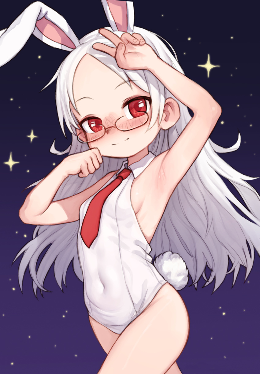 1girl animal_ears arm_up armpits blush breasts clenched_hand covered_navel forehead glasses hand_on_own_head highres long_hair necktie night night_sky old_school_swimsuit one-piece_swimsuit original outdoors rabbit_ears rabbit_girl rabbit_tail red_eyes red_necktie school_swimsuit sky small_breasts smile solo star_(sky) swimsuit syrupmelty tail thighs v white_hair white_one-piece_swimsuit