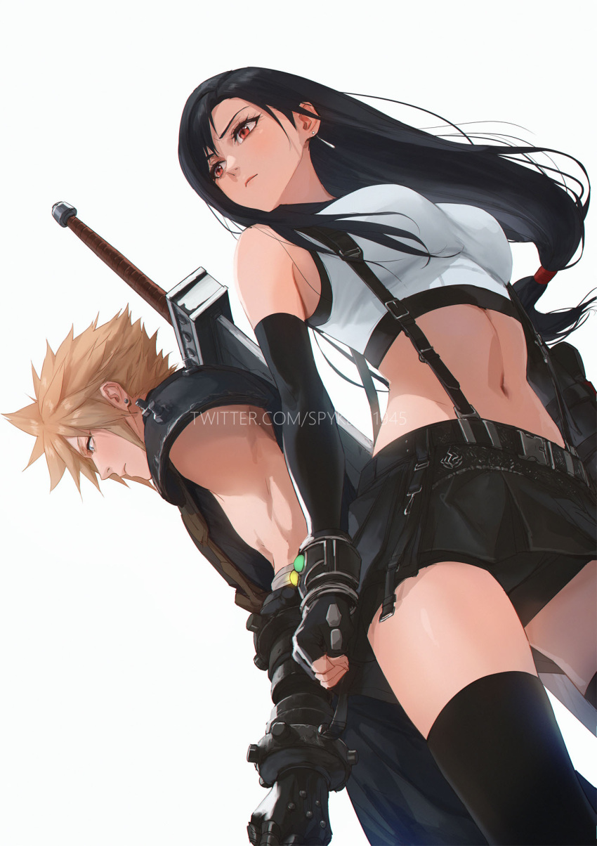 1boy 1girl armor black_hair black_skirt black_thighhighs blonde_hair blue_eyes breasts buster_sword closed_mouth cloud_strife crop_top drop_earrings earrings elbow_gloves english_commentary final_fantasy final_fantasy_vii final_fantasy_vii_remake fingerless_gloves gloves highres jewelry large_breasts long_hair low-tied_long_hair materia midriff navel red_eyes revision short_hair shoulder_armor single_shoulder_pad skirt sleeveless sleeveless_turtleneck spiked_hair spykeee suspender_skirt suspenders sword sword_on_back tank_top thighhighs tifa_lockhart turtleneck twitter_username weapon weapon_on_back white_background white_tank_top
