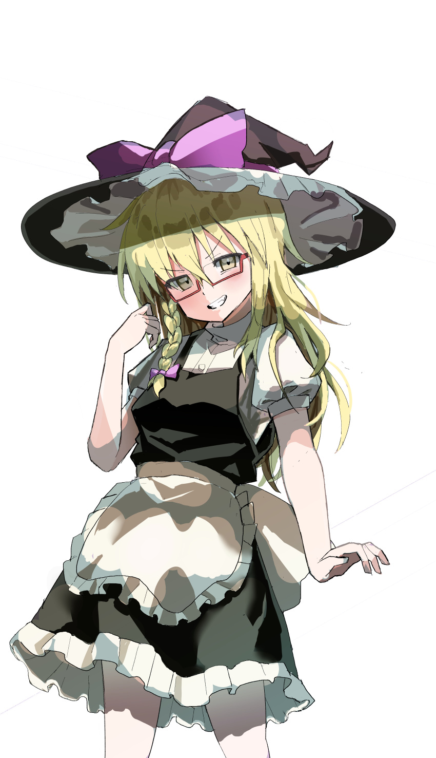 1girl absurdres apron black_hat black_skirt black_vest blonde_hair blush bow braid breasts buttons commentary_request cookie_(touhou) cowboy_shot frilled_apron frilled_skirt frills grin hair_between_eyes hair_bow hand_up hat hat_bow highres kirisame_marisa long_hair looking_at_viewer pink_bow puffy_short_sleeves puffy_sleeves rectangular_eyewear red-framed_eyewear semi-rimless_eyewear shirt short_sleeves simple_background single_braid skirt skirt_set small_breasts smile solo tirano_tenchou touhou turtleneck under-rim_eyewear uzuki_(cookie) v-shaped_eyebrows vest waist_apron white_apron white_background white_shirt witch_hat yellow_eyes