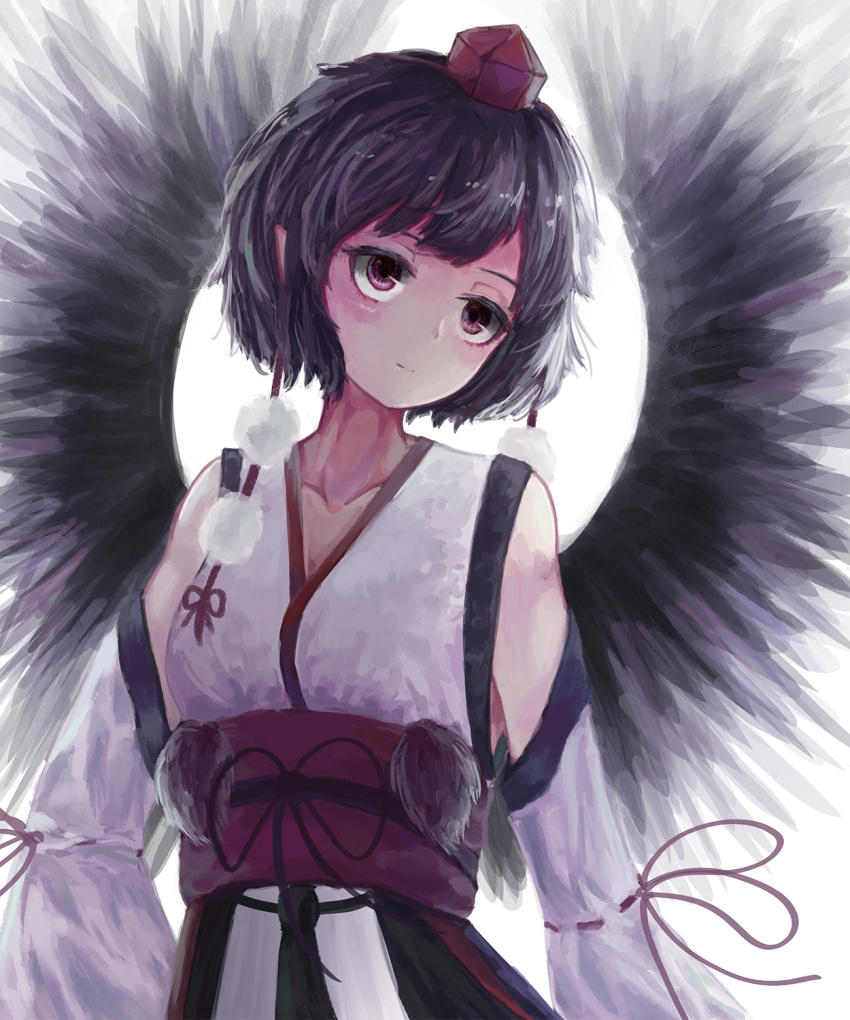 bare_shoulders bird_wings black_hair black_kimono black_wings brown_eyes collarbone detached_sleeves feathered_wings fjsmu hat highres japanese_clothes kimono kourindou_tengu_costume long_sleeves red_hat red_ribbon red_sash ribbon ribbon-trimmed_sleeves ribbon_trim sash shameimaru_aya short_hair tokin_hat touhou white_kimono white_sleeves wide_sleeves wings