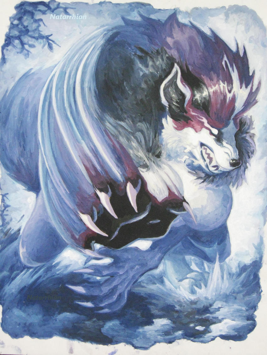 2023 absurd_res anthro big_breasts breasts canid canine canis clawed_fingers clenched_teeth detailed detailed_background detailed_fur exposed_breasts female fingers fur fur_markings growling hi_res looking_at_viewer mammal mane markings muscular natarrhian neck_tuft nude painting painting_(artwork) snow solo teeth teeth_showing traditional_media_(artwork) tuft winter wolf