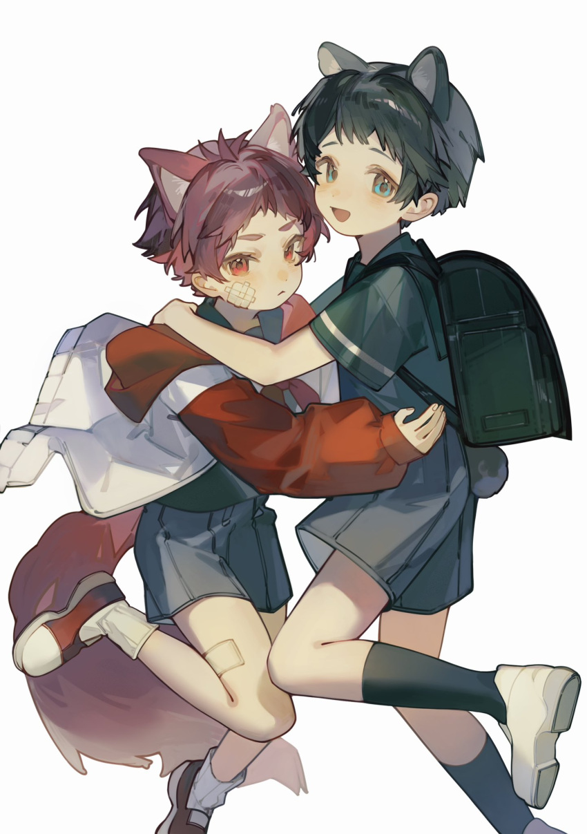 2boys aqua_eyes backpack bag black_hair black_shirt black_socks blush child closed_mouth foot_out_of_frame from_side gauze_on_cheek gauze_on_leg grey_shorts hand_on_another's_shoulder hand_on_another's_waist highres hug jacket knee_up kneehighs light_frown looking_at_viewer male_focus multicolored_clothes multicolored_jacket multiple_boys open_clothes open_jacket open_mouth original randoseru red_eyes red_footwear red_hair red_jacket shirt short_hair short_sleeves shorts simple_background smile socks tail white_background white_footwear white_jacket white_socks wind yuumii_0120