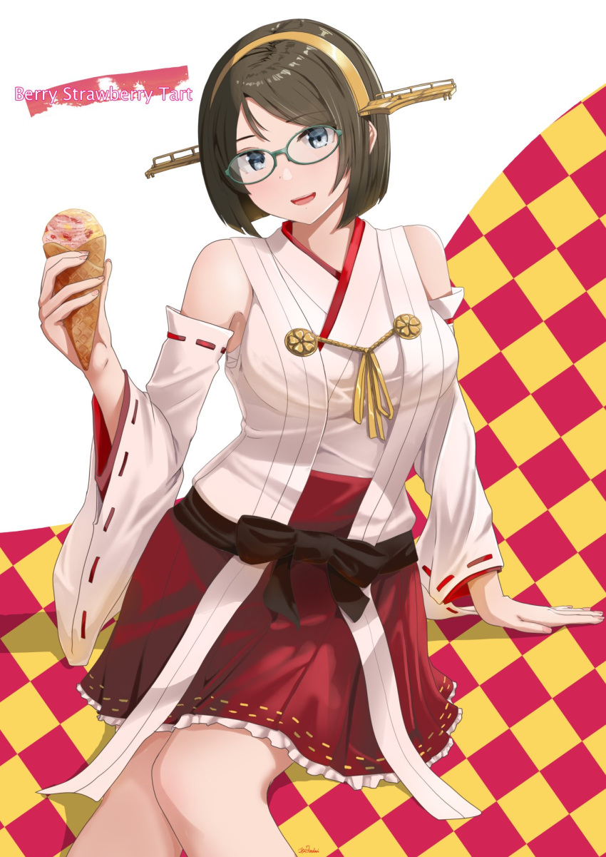 1girl bikini black_hair checkered_bikini checkered_clothes cosplay detached_sleeves feet_out_of_frame food gold_hairband green-framed_eyewear grey_eyes hairband haruna_(kancolle) haruna_(kancolle)_(cosplay) headgear highres holding holding_food holding_ice_cream ice_cream japanese_clothes jouzaburou_(joe3) kantai_collection kirishima_(kancolle) nontraditional_miko red_skirt ribbon-trimmed_sleeves ribbon_trim short_hair sitting skirt smile solo swimsuit