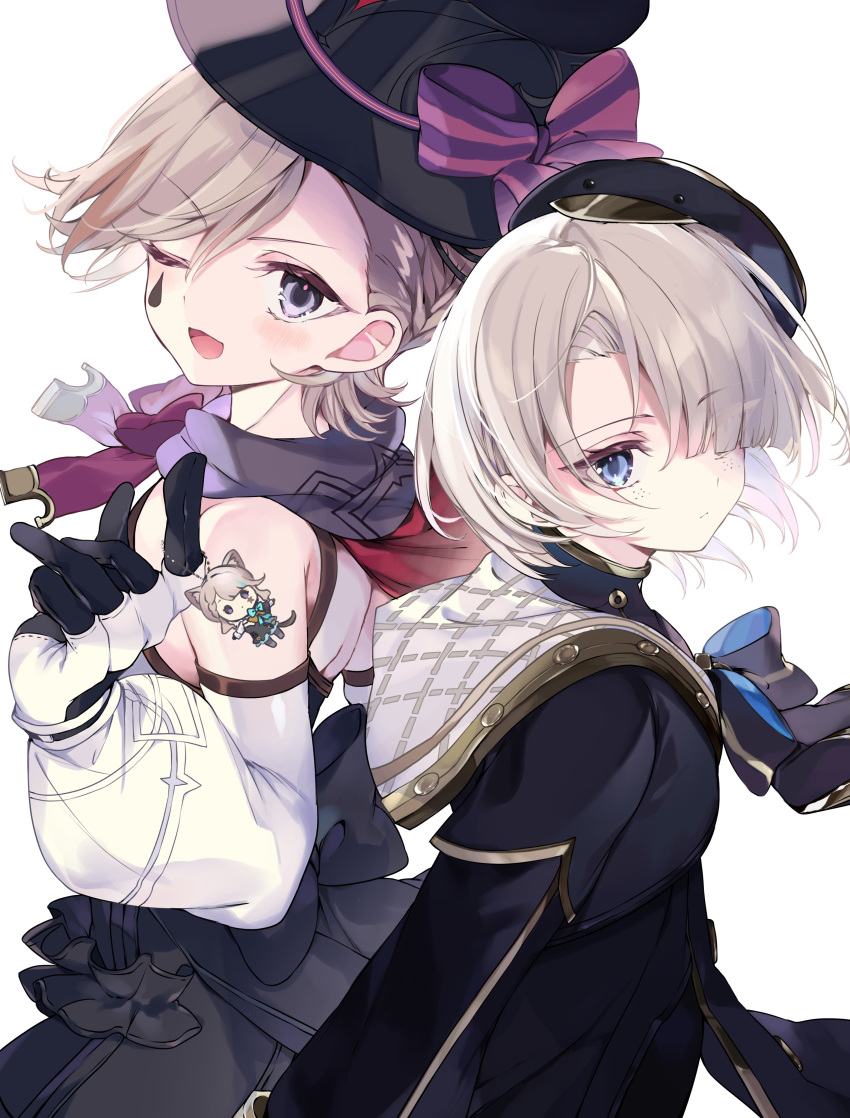2boys 52hz_mayday absurdres back_bow bare_back bare_shoulders beret black_bow black_bowtie black_cape black_corset black_gloves black_hat black_jacket blonde_hair blue_eyes blush bow bowtie braid brothers cape character_charm charm_(object) closed_mouth corset detached_sleeves freckles freminet_(genshin_impact) frills genshin_impact gloves gold_trim hair_between_eyes hair_over_one_eye hand_up hat hat_bow highres jacket light_brown_hair long_sleeves looking_at_viewer lynette_(genshin_impact) lyney_(genshin_impact) male_focus multicolored_hair multiple_boys one_eye_closed open_mouth puffy_detached_sleeves puffy_long_sleeves puffy_sleeves purple_bow purple_bowtie purple_eyes red_hair sailor_collar shirt short_hair siblings simple_background sleeveless sleeveless_shirt smile standing streaked_hair striped_bow teardrop_facial_mark tongue top_hat two-tone_gloves v-shaped_eyebrows white_background white_gloves white_shirt