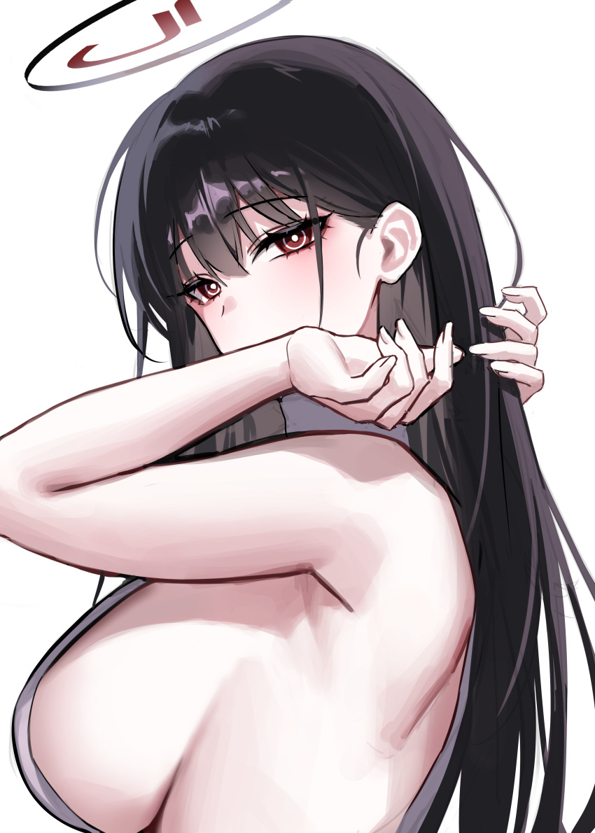 1girl absurdres black_hair blue_archive blush breasts bright_pupils from_side halo highres large_breasts long_hair looking_at_viewer meme_attire raki_kr red_eyes rio_(blue_archive) sideboob simple_background solo sweater upper_body virgin_destroyer_sweater white_background white_pupils white_sweater