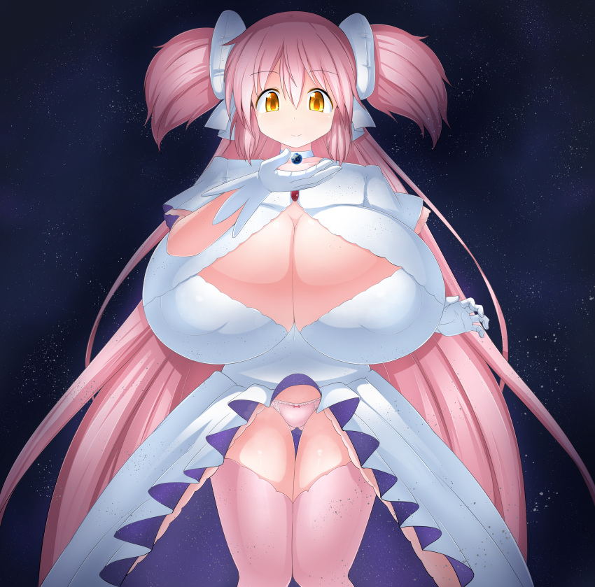 absurdres alternate_breast_size breasts choker dress earth_(planet) giant giantess gloves highres jewelry kaname_madoka large_breasts mahou_shoujo_madoka_magica mahou_shoujo_madoka_magica_(anime) pink_hair planet ribbon smile solo_focus space terada_ochiko ultimate_madoka underwear white_choker white_dress white_ribbon