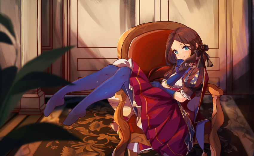 1girl black_bow blue_eyes blue_gloves blue_pantyhose bow brown_hair carpet commentary dress elun_(elun_00) fate/grand_order fate_(series) gloves hair_bow hand_to_own_mouth highres indoors legs leonardo_da_vinci_(fate) leonardo_da_vinci_(rider)_(fate) long_hair looking_at_viewer no_shoes on_chair pantyhose parted_bangs plant puff_and_slash_sleeves puffy_short_sleeves puffy_sleeves red_dress short_sleeves sitting smile solo