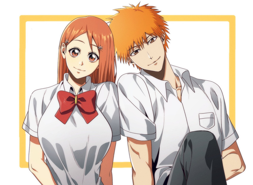 1boy 1girl bleach bow breasts brown_eyes closed_mouth collared_shirt commentary hair_between_eyes hair_ornament head_tilt highres inoue_orihime kurosaki_ichigo large_breasts long_hair looking_at_viewer n_(nauki_11) orange_hair parted_bangs red_bow school_uniform shirt short_hair short_sleeves side-by-side simple_background smile spiked_hair star_(symbol) star_hair_ornament straight_hair symbol-only_commentary tareme tsurime upper_body white_background white_shirt wide-eyed