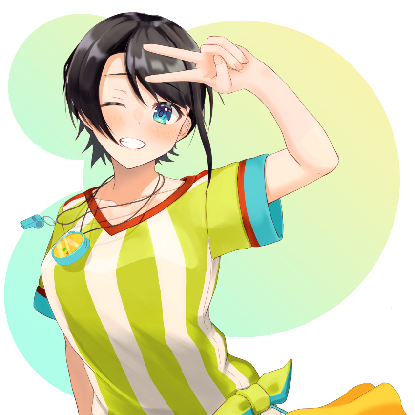 1girl ame_yohira arm_up black_hair blue_background blue_eyes blush breasts collarbone commentary fingernails gradient_background green_background grin highres hololive looking_at_viewer multicolored_background multicolored_shirt one_eye_closed oozora_subaru oozora_subaru_(1st_costume) shirt short_hair short_sleeves smile solo stopwatch stopwatch_around_neck striped_clothes striped_shirt swept_bangs t-shirt tied_shirt upper_body v virtual_youtuber whistle whistle_around_neck white_background white_shirt yellow_shirt