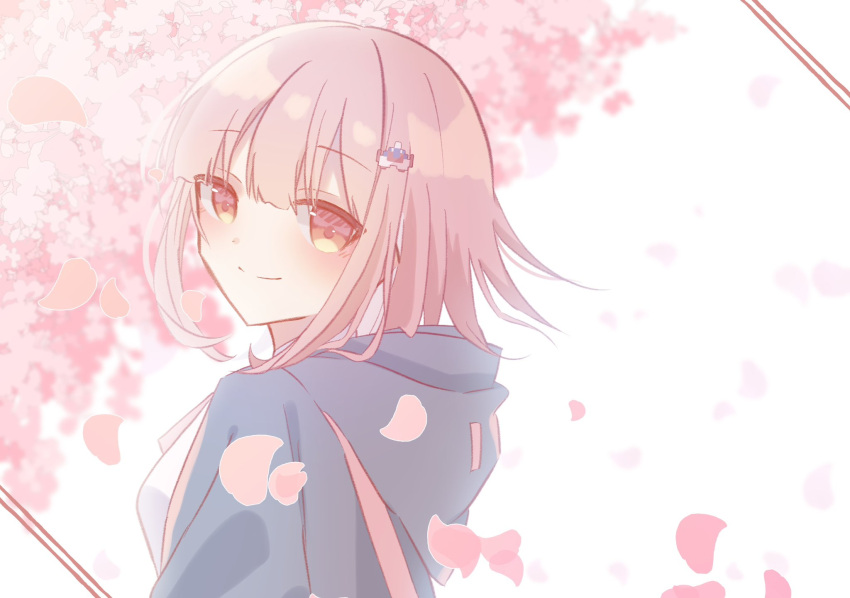 1girl cherry_blossoms closed_mouth danganronpa_(series) danganronpa_2:_goodbye_despair from_side green_jacket highres hood hood_down jacket kari_(nanasidane) light_brown_hair looking_at_viewer looking_to_the_side medium_hair nanami_chiaki petals pink_eyes shirt simple_background smile solo spaceship_hair_ornament white_background white_shirt