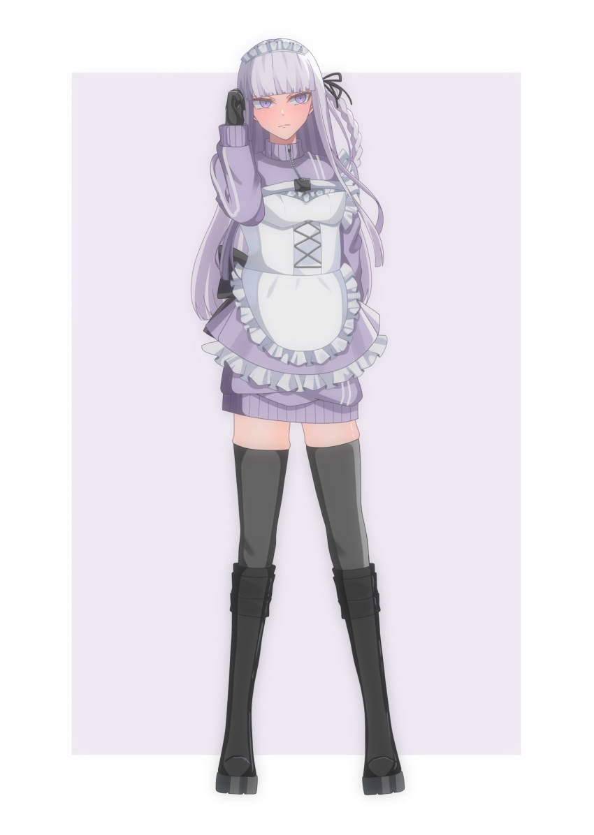 1girl alternate_costume apron black_footwear black_ribbon black_thighhighs blunt_bangs boots braid closed_mouth danganronpa:_trigger_happy_havoc danganronpa_(series) enmaided full_body grey_background hair_ribbon hand_up highres jacket kaworu_yu kirigiri_kyoko knee_boots long_sleeves maid maid_apron maid_headdress pink_eyes pink_jacket pink_skirt ribbon side_braid skirt solo standing thighhighs white_apron white_background zettai_ryouiki