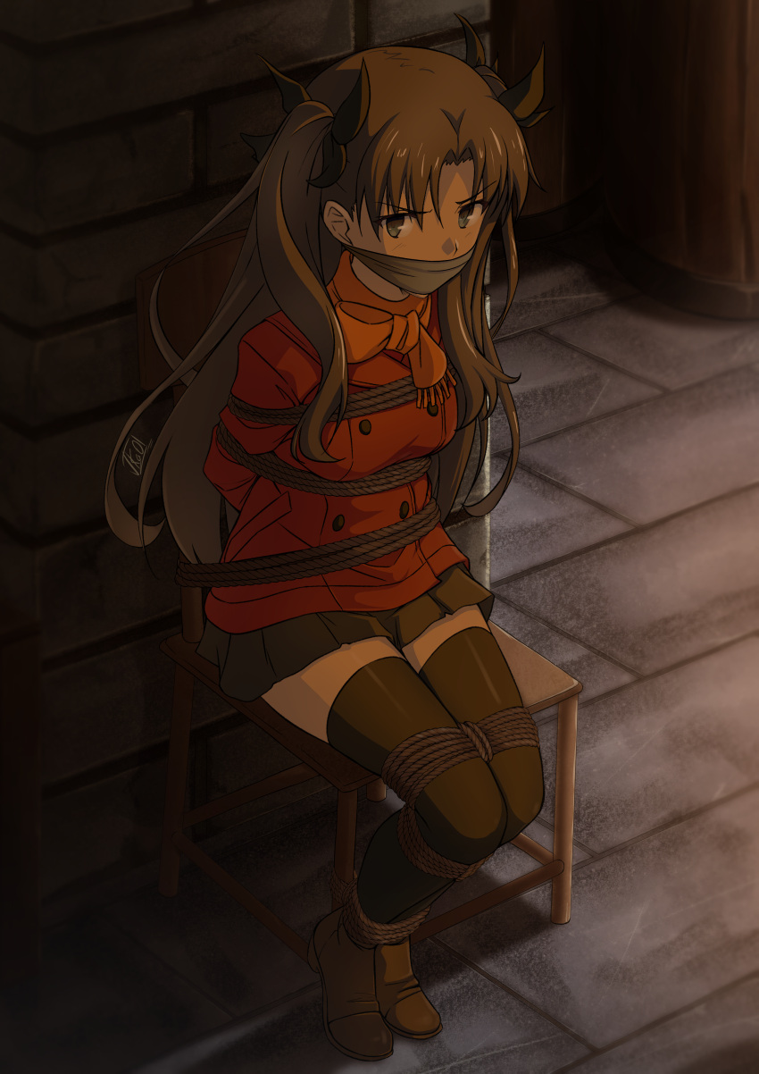1girl absurdres ankle_boots bandana bandana_over_mouth bdsm black_hair black_thighhighs blue_eyes bondage boots bound brown_footwear chair commission fate/stay_night fate_(series) gag gagged hair_ribbon highres improvised_gag jacket long_hair long_legs looking_at_viewer miniskirt on_chair orange_scarf pixiv_commission red_jacket restrained ribbon rope scarf sitting skirt solo thighhighs tied_to_chair tohsaka_rin two_side_up vakaosciosa variant_set zettai_ryouiki