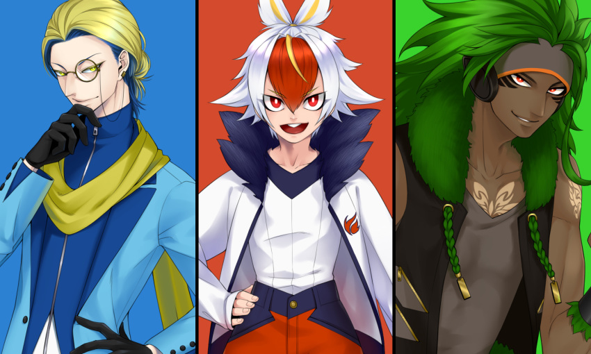 3boys :d cinderace closed_mouth commentary_request dark_skin dark_skinned_male facial_mark gen_8_pokemon hand_on_hip inteleon long_hair long_sleeves male_focus monocle multiple_boys open_mouth parted_lips personification pokemon red_eyes rillaboom simple_background smile smirk starter_pokemon starter_pokemon_trio tied_hair upper_body yakou_(pixiv10740516) yellow_eyes