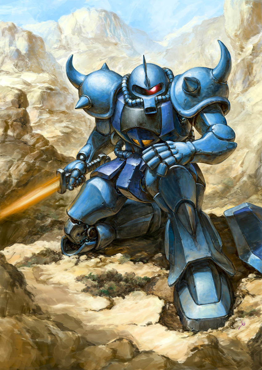 absurdres commentary_request day desert energy_sword glowing glowing_eye gouf ground_shatter gundam highres holding holding_sword holding_weapon horns looking_at_viewer mecha mecha_focus mobile_suit mobile_suit_gundam mountain no_humans on_one_knee outdoors painting_(medium) red_eyes robot science_fiction shield shoulder_spikes single_horn solo spikes sword traditional_media valley watercolor_(medium) weapon youkoumori