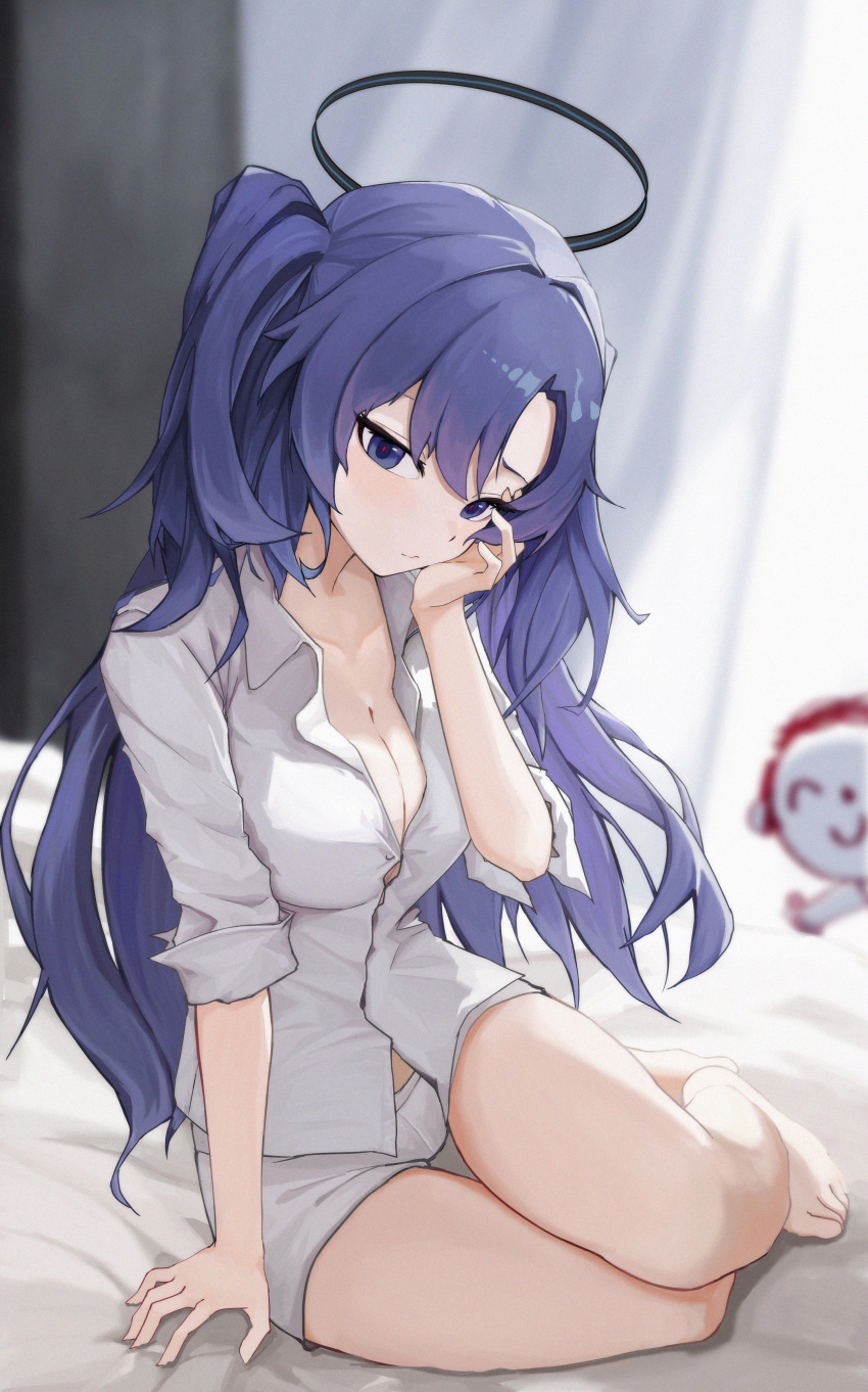 1boy 1girl absurdres bare_legs barefoot blue_archive blush breasts cleavage doodle_sensei_(blue_archive) haimaotuanzi halo hand_on_own_cheek hand_on_own_face head_tilt highres indoors long_hair looking_at_viewer medium_breasts open_collar purple_eyes purple_hair sensei_(blue_archive) shirt shorts sitting two_side_up very_long_hair white_shirt white_shorts yokozuwari yuuka_(blue_archive)