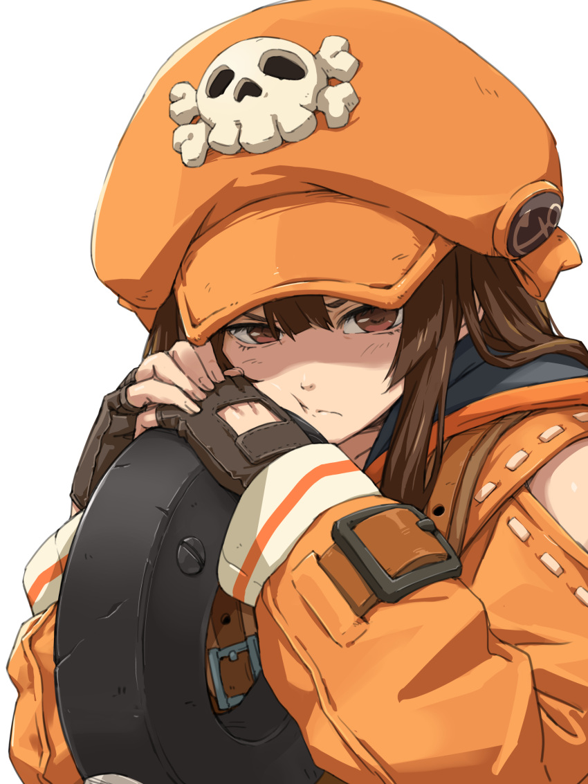 1girl absurdres anchor brown_eyes brown_hair buckle cabbie_hat fingerless_gloves frown gloves guilty_gear guilty_gear_strive hat highres hood hoodie iguchi_(strawmat) long_hair may_(guilty_gear) orange_hat orange_hoodie revision simple_background skull_and_crossbones solo upper_body white_background