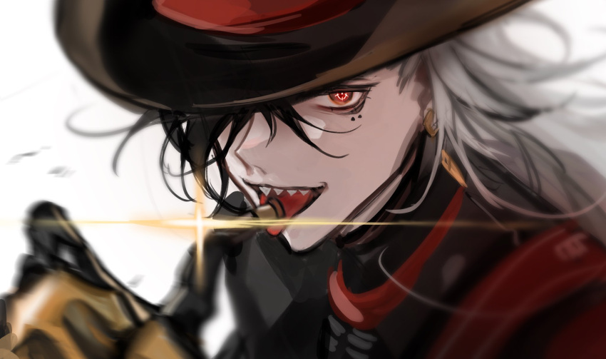 1boy black_eyes black_hair black_jacket boothill_(honkai:_star_rail) bullet_earrings bullet_in_mouth commentary_request cowboy_hat crosshair_pupils glint hair_over_one_eye hat hat_over_one_eye highres honkai:_star_rail honkai_(series) jacket large_hat long_hair looking_at_viewer male_focus mechanical_arms mole mole_under_eye multicolored_hair multiple_moles oryunbunkosu portrait red_pupils red_scarf scarf streaked_hair white_background white_hair