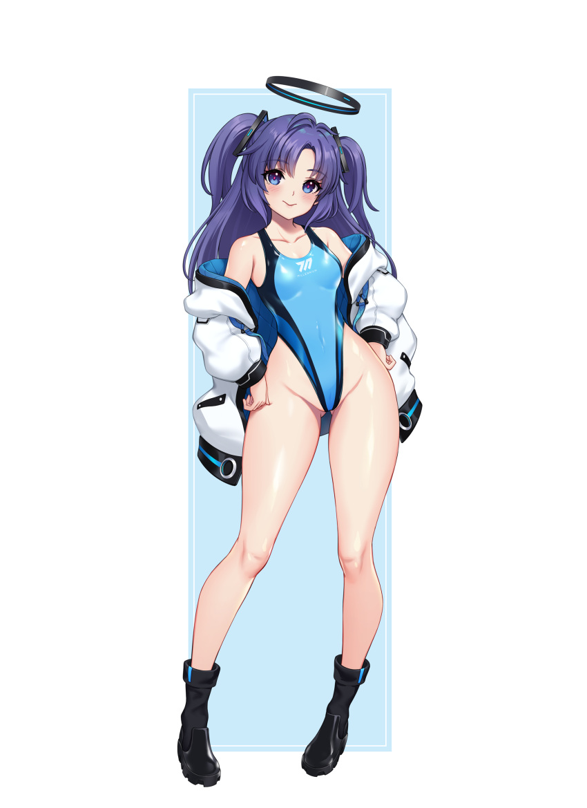 1girl absurdres black_footwear blue_archive blue_eyes blue_jacket blue_one-piece_swimsuit boots breasts collarbone competition_swimsuit covered_navel full_body halo highleg highleg_swimsuit highres jacket jacket_partially_removed long_hair long_legs long_sleeves looking_at_viewer mechanical_halo medium_breasts one-piece_swimsuit parted_bangs purple_hair solo standing swimsuit swimsuit_under_clothes toriseru_(rare_stone) two-sided_fabric two-sided_jacket two_side_up white_jacket yuuka_(blue_archive)