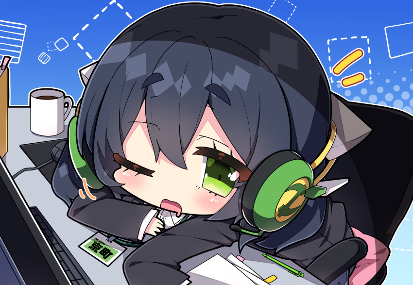 1girl black_hair black_jacket blue_background blush chair chibi collared_shirt commentary_request cup dotted_line dress_shirt drooling green_eyes hair_between_eyes halftone halftone_background headphones highres jacket keyboard_(computer) kyoumachi_seika lanyard long_sleeves looking_at_viewer milkpanda mouse_(computer) mousepad_(object) mouth_drool mug notice_lines office_chair on_chair one_eye_closed open_mouth pillow shirt short_eyebrows sleeves_past_wrists solo swivel_chair thick_eyebrows voiceroid white_shirt