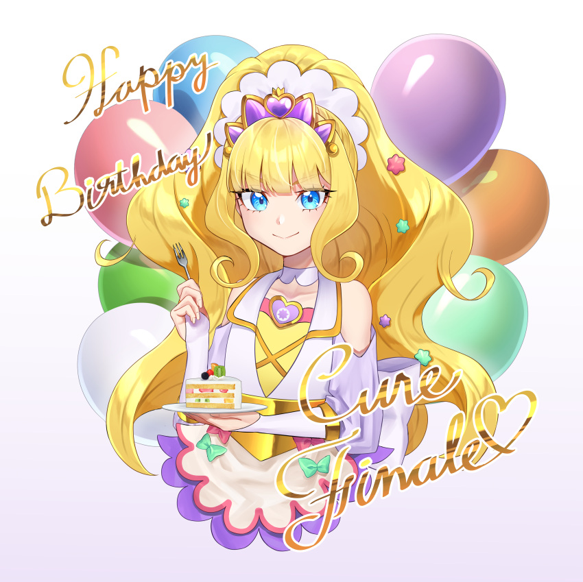 1girl :&gt; aboreen absurdres apron balloon blonde_hair blue_eyes bow brooch cake candy character_name choker closed_mouth cropped_legs cure_finale delicious_party_precure food food-themed_hair_ornament fork fruit gradient_background green_bow hair_ornament happy_birthday heart heart_brooch highres holding holding_fork holding_plate jewelry kasai_amane kiwi_(fruit) kiwi_slice konpeitou long_hair looking_at_viewer magical_girl pink_bow plate precure purple_background shortcake smile solo strawberry tiara white_background white_choker wide_ponytail