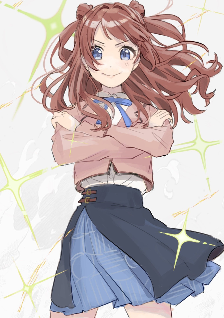 1girl blazer blue_bow blue_bowtie blue_eyes blue_skirt bow bowtie brown_hair crossed_arms double_bun english_commentary gakuen_idolmaster hair_bun hanami_saki highres idolmaster jacket light_blush long_hair long_sleeves looking_at_viewer pink_jacket pleated_skirt shirt sidelocks skirt smile smug solo sparkle tanupon thighs v-shaped_eyebrows white_background white_shirt wind