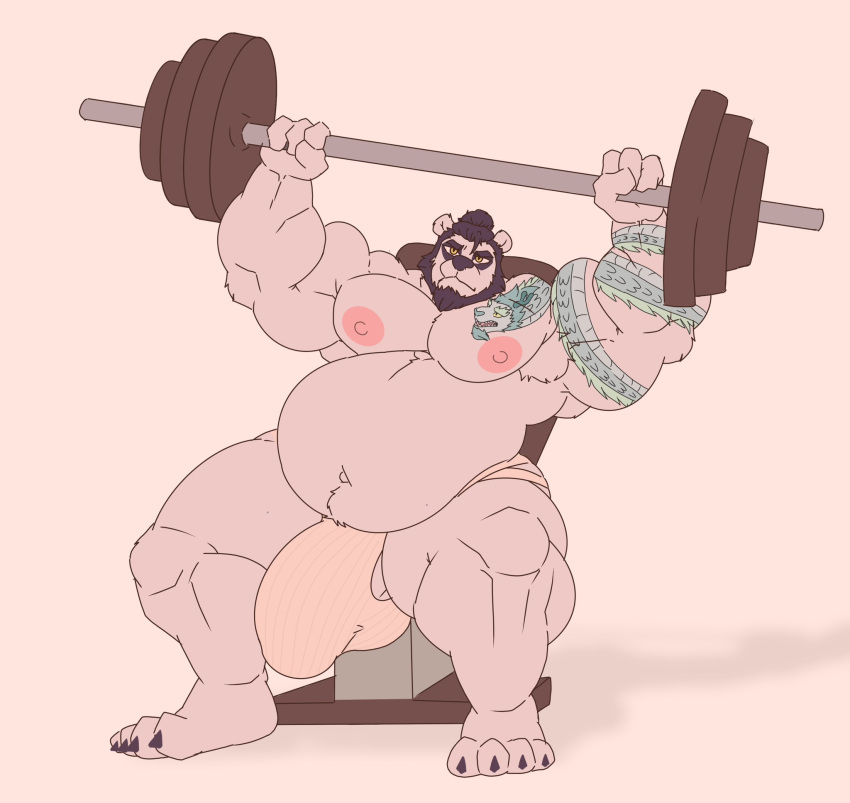 anthro arm_tattoo bear big_bulge bulge clothing exercise fur gabgbb giant_panda hi_res male mammal musclegut muscular muscular_anthro muscular_arms muscular_male muscular_thighs pecs richard_hasashi solo tattoo thong underwear weightlifting weights white_body white_fur workout