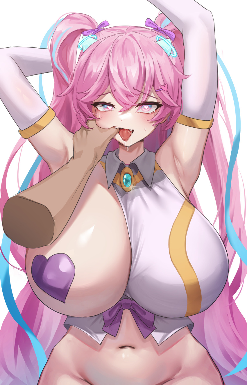 1girl absurdres angelic_buster aqua_hair armpits arms_up blue_eyes disembodied_limb drooling elbow_gloves finger_in_another's_mouth gloves groin hair_ornament heart heart-shaped_pupils heart_hair_ornament heart_pasties highres long_hair maplestory multicolored_eyes multicolored_hair navel one_breast_out pasties pink_eyes pink_hair pov pov_hands simple_background simsim_han-u solo_focus streaked_hair symbol-shaped_pupils tears tongue tongue_out torogao twintails upper_body very_long_hair white_background white_gloves