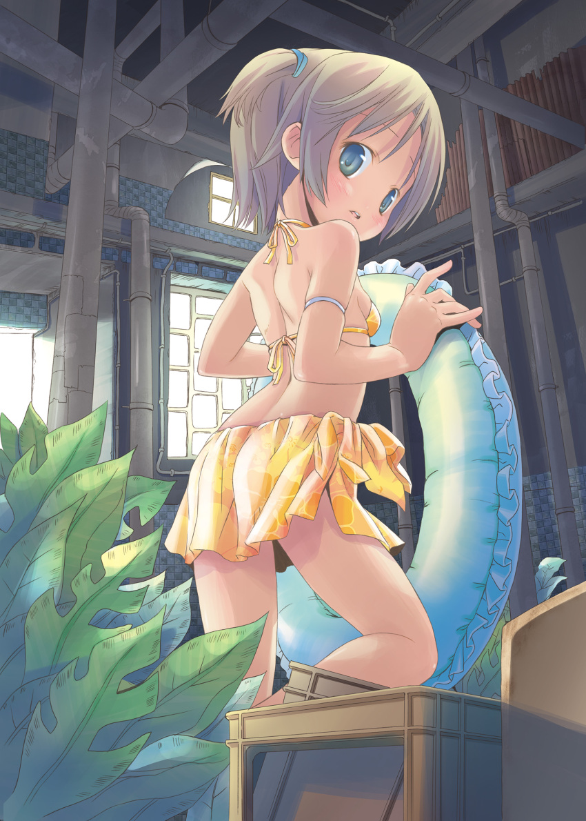 1girl absurdres back bikini blue_eyes blush brown_hair from_behind highres innertube looking_at_viewer looking_back one_side_up open_mouth original parted_lips pop_(electromagneticwave) print_sarong sarong short_hair short_ponytail side-tie_skirt solo swim_ring swimsuit yellow_bikini yellow_sarong