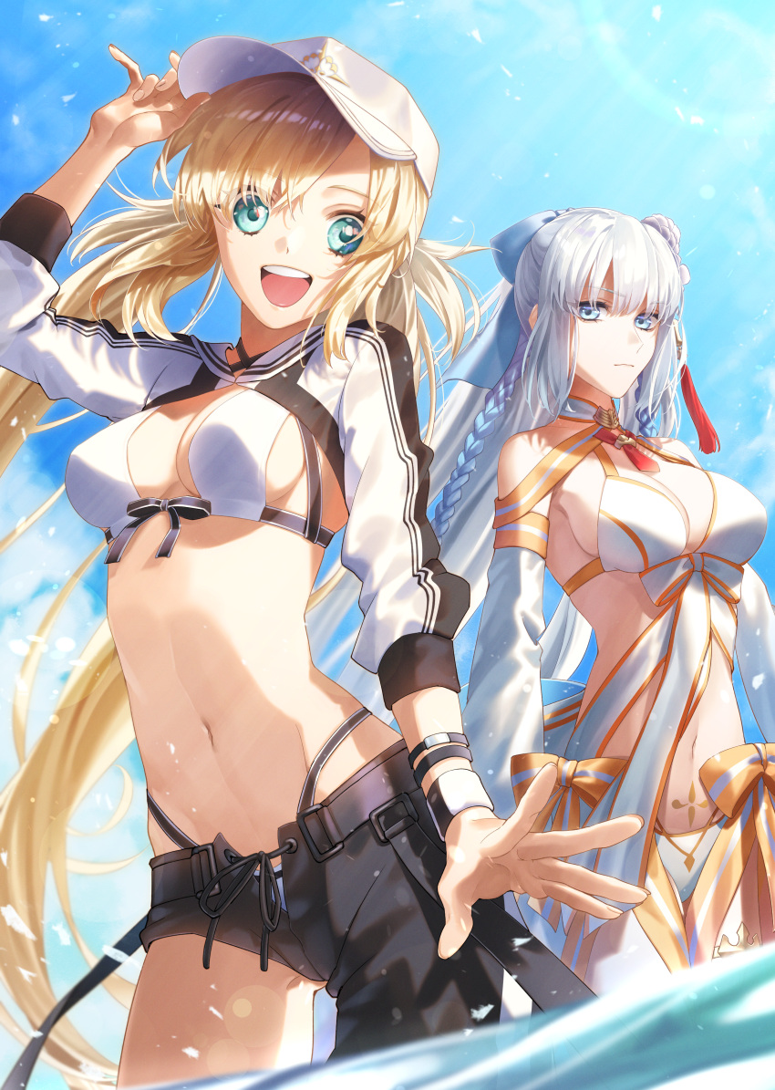 2girls :d absurdres artoria_caster_(fate) artoria_caster_(swimsuit)_(fate) artoria_caster_(swimsuit)_(first_ascension)_(fate) artoria_pendragon_(fate) asymmetrical_clothes asymmetrical_pants bare_shoulders baseball_cap bikini black_pants blonde_hair blue_eyes blue_ribbon braid breasts character_hood cleavage cowboy_shot cropped_jacket detached_sleeves fate/grand_order fate_(series) flower french_braid gold_trim green_eyes hair_flower hair_ornament hair_ribbon hand_on_headwear hat highres itsuma_su jacket large_breasts long_hair long_sleeves looking_at_viewer morgan_le_fay_(fate) morgan_le_fay_(water_princess)_(fate) multiple_girls navel open_mouth open_pants pants ponytail puffy_long_sleeves puffy_sleeves red_brooch red_tassel ribbon shrug_(clothing) sidelocks single_bare_leg single_pantsleg smile solo stomach_tattoo striped_clothes striped_jacket swimsuit tattoo thighlet twintails very_long_hair wading white_bikini white_hair white_hat white_jacket white_wristband wide_brim